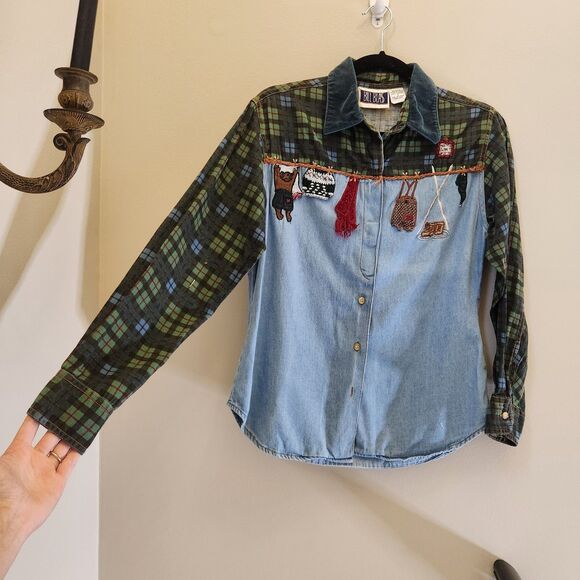 Bill Blass Tops - Vtg 90s Bill Blass Winter Cabin Christmas Holiday Ski Lodge Flannel Button Down
